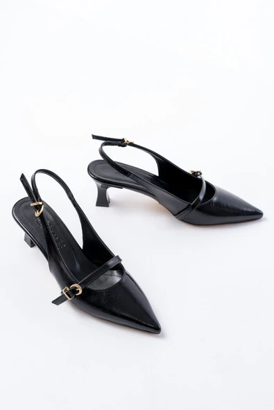 H-470 Siyah Rugan Baret Tokalı Arkası Açık Günlük Kadın Sandalet - Resim 3