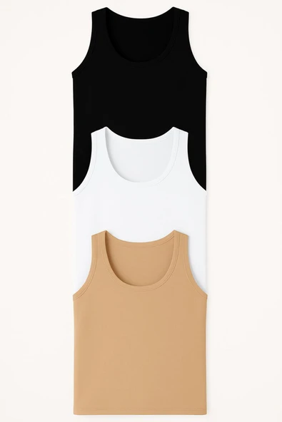 Kadın Basic Pamuklu Atlet 3'lü Set Beyaz , Siyah , Ten ürün görseli