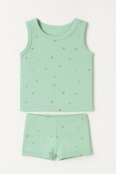 Kız Çocuk Derby Ribana Geniş Askılı Desenli Atlet Şortlu Takım 6'lı Set - Rahat Yazlık Ev Giyim - Resim 2