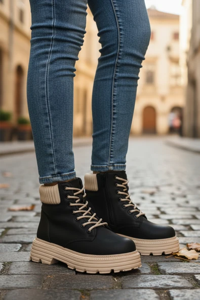 Aspor Siyah Bej Polarlı Fermuarlı Kadın Topuklu Bot - 3