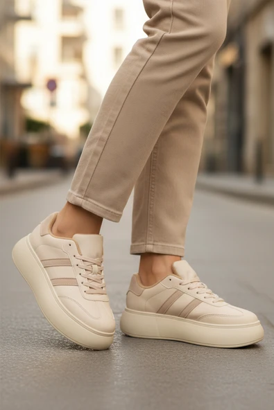 Aspor Bej Yüksek Taban Bağcıklı Kadın Sneaker - Resim 3