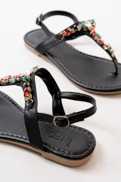 152-1110 Siyah Multi Taşlı Parmak Arası Kadın Sandalet - Resim 2