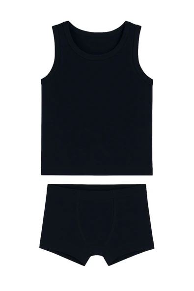 Erkek Çocuk Renkli Ribana Atlet Boxer Takım 6'lı Set Pamuklu Rahat Kumaş , Mavi , Gri ve Siyah - Resim 3