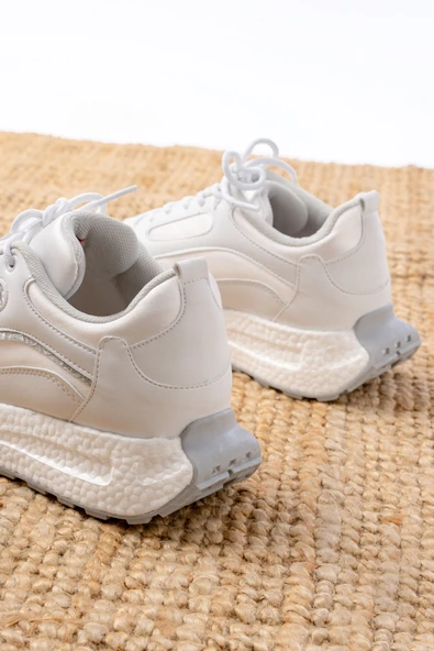 F-307 Beyaz Bağcıklı Saten Taş Aksesuarlı Günlük Spor Ayakkabı - Resim 5