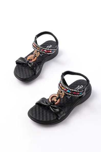 DM-608 Siyah Taşlı Arka Lastikli Günlük Kadın Sandalet - Resim 5