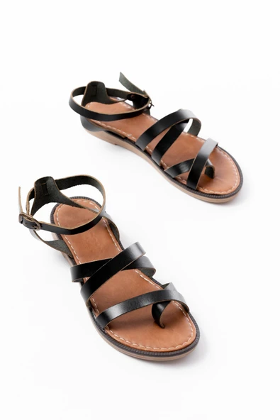 205-209 Siyah Hakiki Deri Tokalı Parmak Arası Kadın Sandalet - 4