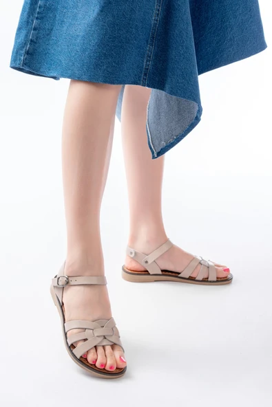 205-030 Bej Hakiki Deri Ortopedik Taban Kadın Sandalet - Resim 3