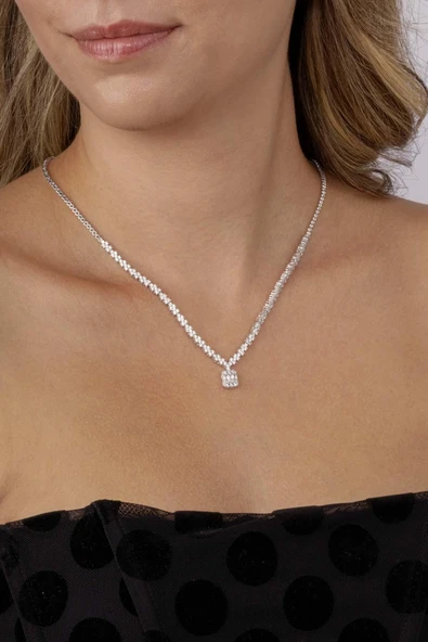 Gümüş Pazarım Baget Taşlı Pırlanta Montür Su Yolu Kadın Gümüş Kolye ürün görseli 1