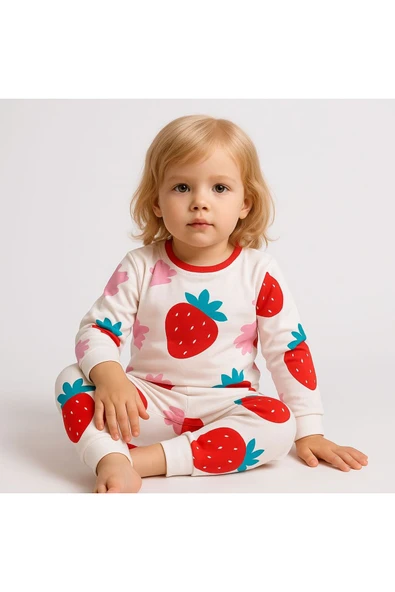 Kız Çocuk Çilek Desenli Pamuklu Pijama Takımı - Resim 2