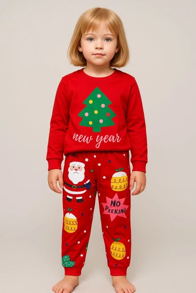 Kız Çocuk Yılbaşı Temalı Pamuklu Pijama Takımı ürün görseli