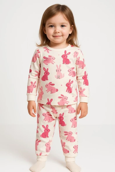 Kız Çocuk Tavşan Desenli Pamuklu Pijama Takımı ürün görseli
