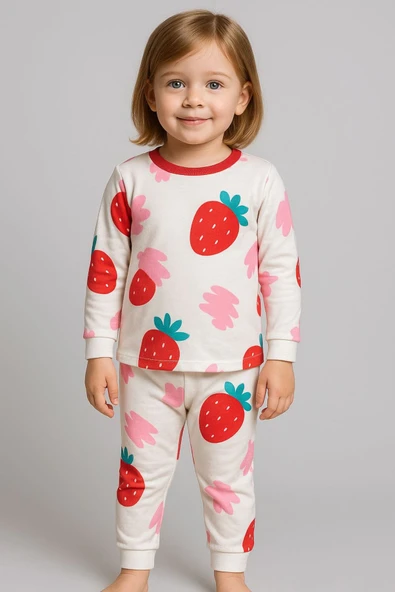 Kız Çocuk Çilek Desenli Pamuklu Pijama Takımı ürün görseli