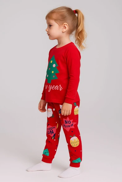 Kız Çocuk Yılbaşı Temalı Pamuklu Pijama Takımı - Resim 4