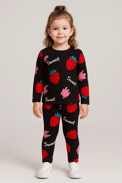 Kız Çocuk Siyah Çilek Desenli Pamuklu Pijama Takımı ürün görseli