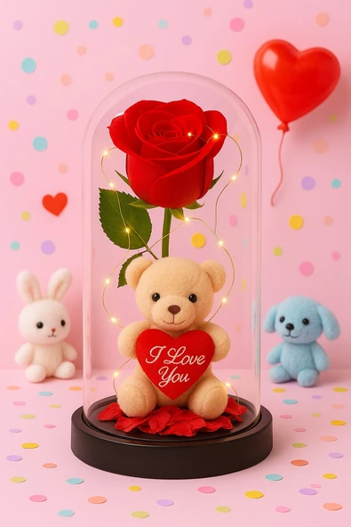 LED Işıklı Mika Fanus İçinde Gül ve Lüx Peluş Ayıcık – 20 cm Sevgiliye Hediye - Resim 5