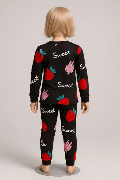 Kız Çocuk Siyah Çilek Desenli Pamuklu Pijama Takımı - Resim 4