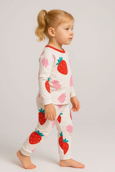 Kız Çocuk Çilek Desenli Pamuklu Pijama Takımı - Resim 3