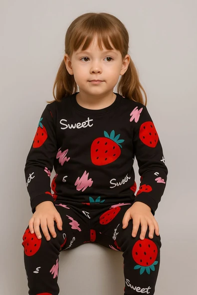 Kız Çocuk Siyah Çilek Desenli Pamuklu Pijama Takımı - Resim 2