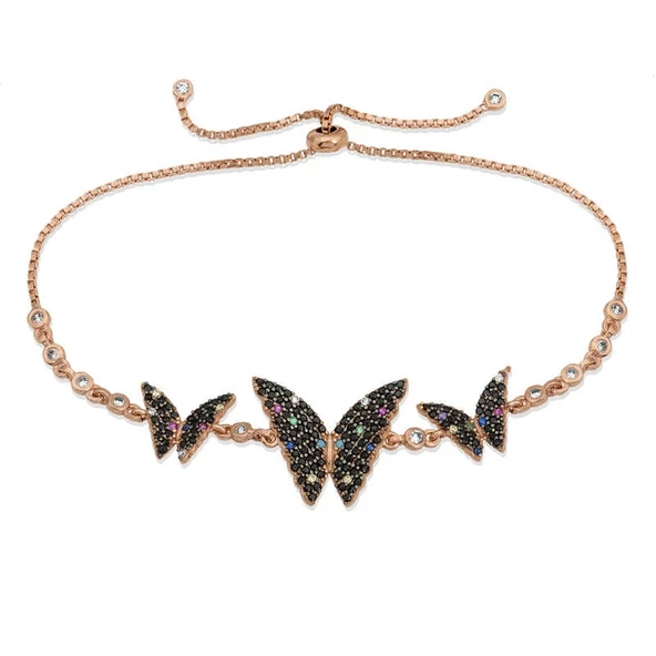 925 Ayar Gümüş Rose Kelebek Asansör Bileklik - Resim 2