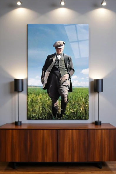 Atatürk Portresi Cam Tablo, Ev ve Ofis Duvar Dekoru, Hediyelik Büyük Temperli 4 mm Cam Tablo