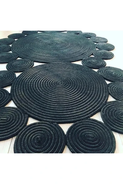 Siyah Örme Hasır Halı - Siyah Jüt Halı - Siyah Şekilli Hasır Halı - Resim 2