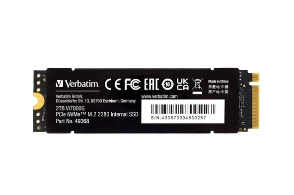 VERBATIM 49368 - 2TB VI7000G M.2 NVME PCIE GEN 4 SSD (Okuma 7400MB/sn. - Yazma 6700MB/sn.) - 1