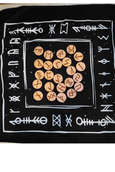 Rune Semboli Taşları Dişbudak Ağacı Run Taşları Örtüsü Sunak Nordic Runes Örtüsü Sunağı ve Taşları Seti ürün görseli