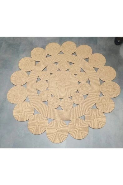 Bej Yuvarlak Örme Jüt Halı - Bej Hasır Halı - Örme Jüt Halı - Bej Jüt Halı - Bej Daire Halı ürün görseli