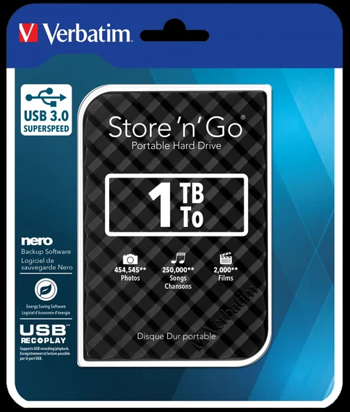 VERBATIM 53194 - 1TB USB 3.0 BLACK PORTABLE HARD - 3