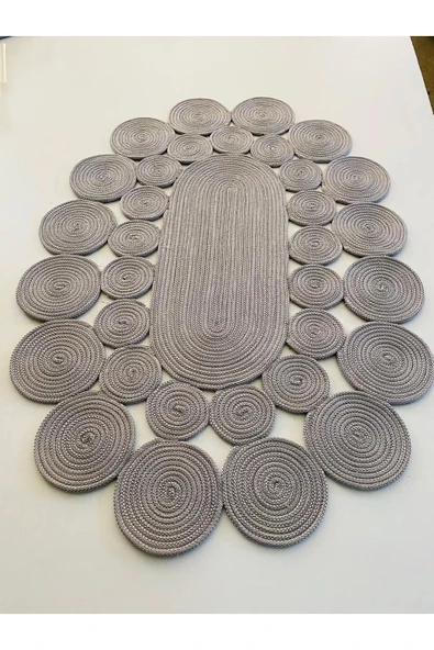 Gri Oval Hasır Halı - Gri Oval Jüt Halı - Gri Örme Jüt Halı - Resim 2