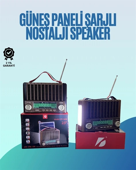 KTF-1428 Nostaljik Solar Enerjili Bluetooth Speaker – Radyo, SD/USB MP3 Çalar, Güçlü Taşınabilir Hoparlör - Resim 2