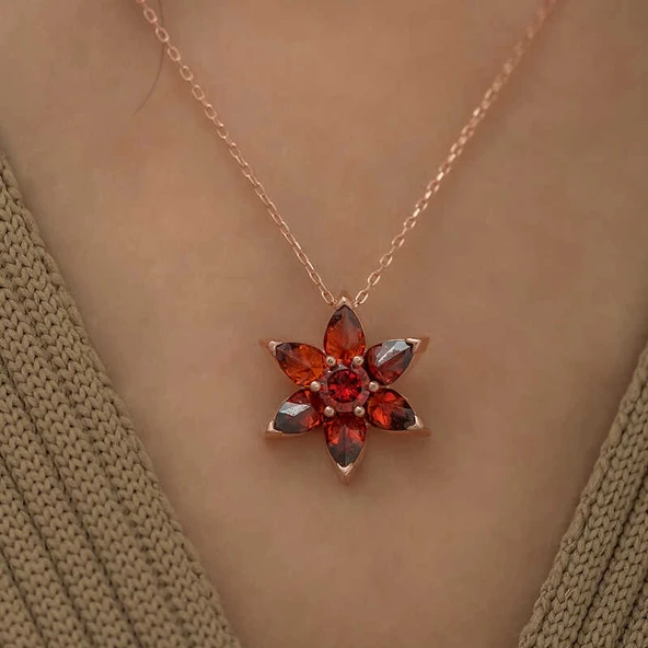 925 Ayar Gümüş Kırmızı Çiçek Kadın Gümüş Kolye - Resim 2