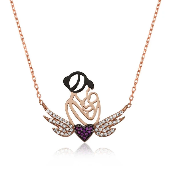 925 Ayar Gümüş Kalpli Anne Ve Çocuk Gümüş Kolye ürün görseli 1