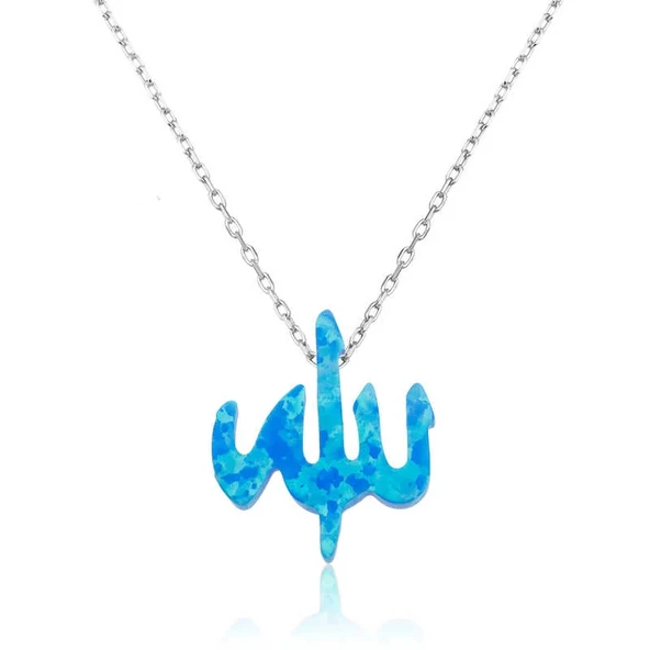 925 Ayar Gümüş Mavi Opal Taşlı Allah Yazılı Kadın Gümüş Kolye ürün görseli 1