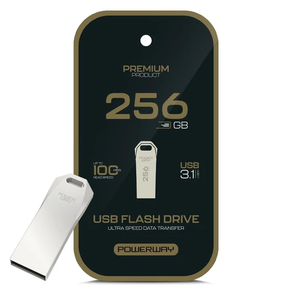 Powerway Premium 256 GB 100MB/S Ultra Hızlı USB 3.1 Metal Silver Flash Bellek