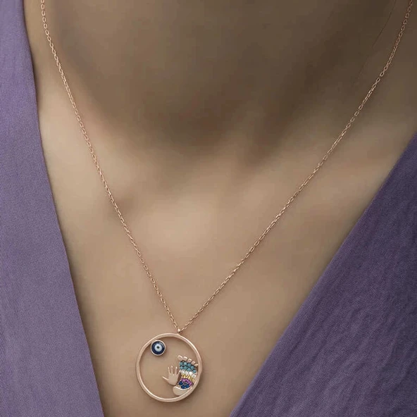 925 Ayar Gümüş Nazarlı El ve Ayak İzi Kadın Gümüş Kolye - Resim 3