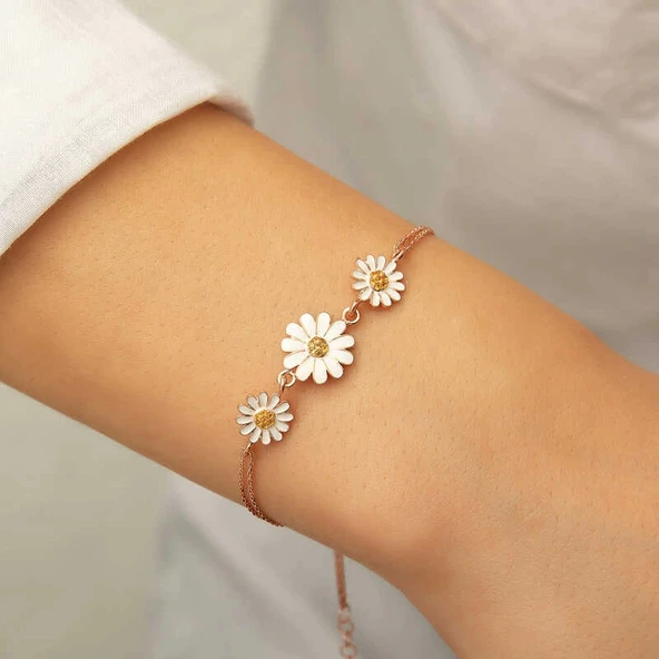 ​925 Ayar Gümüş Rose Üçlü Papatya Bileklik - Resim 4