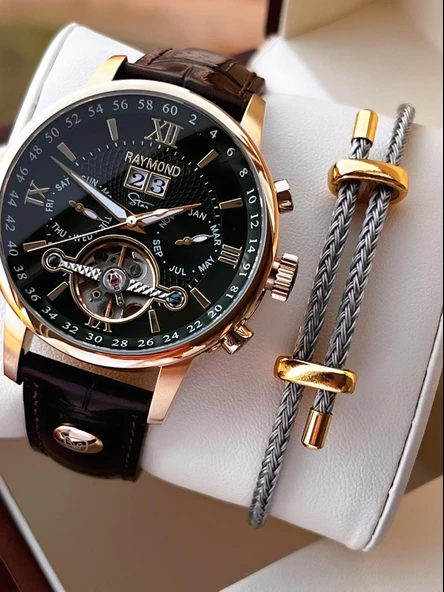 Raymond Nişan Ve Damatlara Özel Deri Kordon 2 Yıl Garantili Otomatik Erkek Kol Saati+Bileklik RMD.M4 ürün görseli
