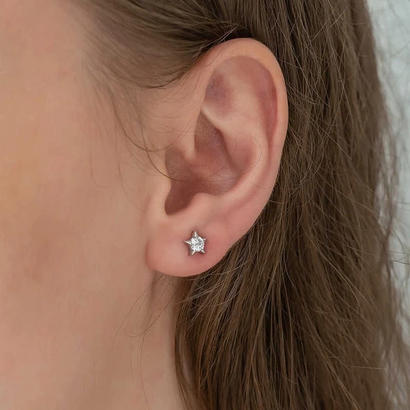 Gümüş Tek Taşlı Yıldız Çivili Küpe - Resim 2