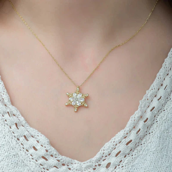 925 Ayar Gümüş Gold Kar Çiçeği Kadın Gümüş Kolye - Resim 2