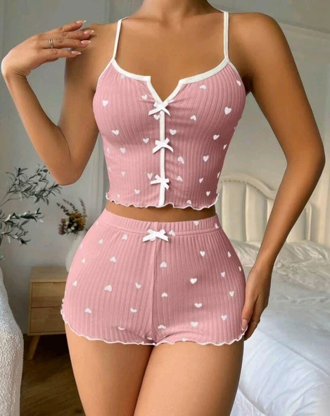 Kadın Pembe Kalpli Askılı Şortlu Pijama Takım 5009 - 2