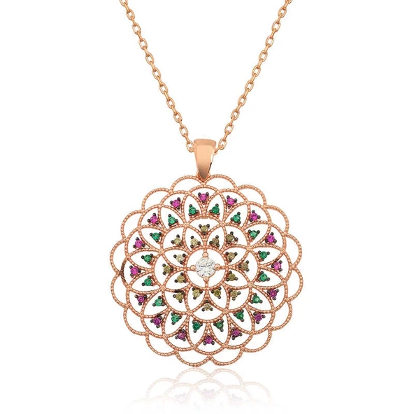 Gümüş Rose Geometrik Desenli Madalyon Kolye ürün görseli 1