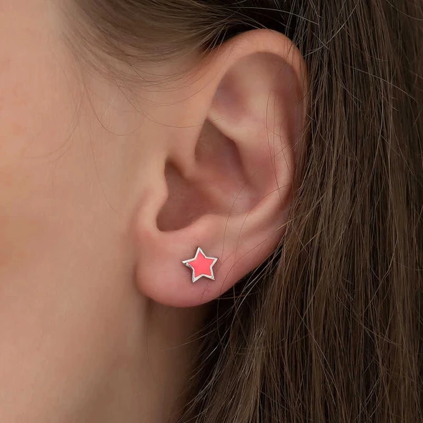 Gümüş Fosforlu Pembe Yıldız Küpe - Resim 2