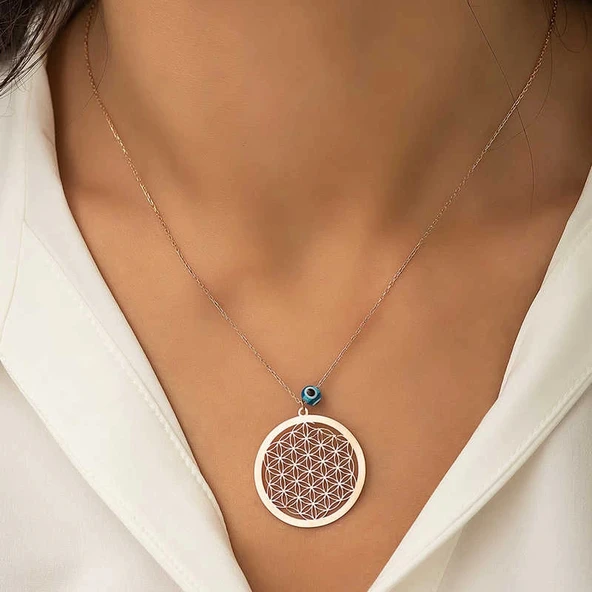 925 Ayar Gümüş Rose Nazar Gözlü Yaşam Çiçeği Kolye - Resim 2