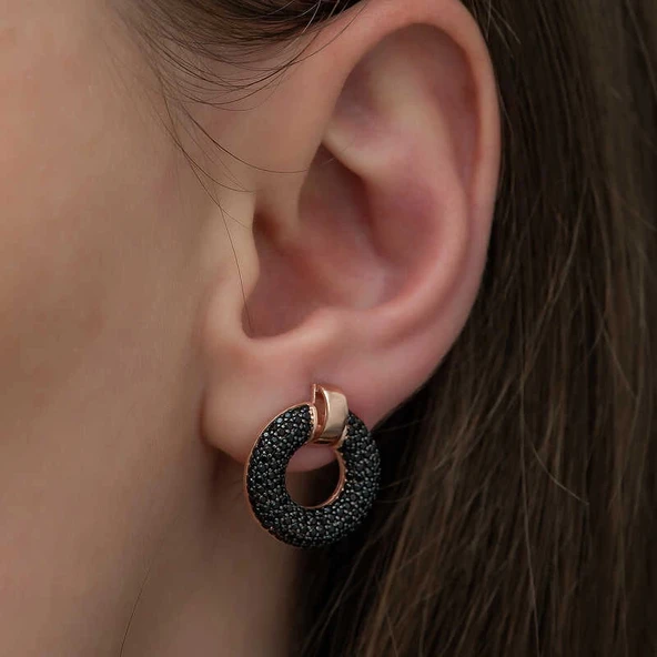 Gümüş Siyah Çok Taşlı Daire Küpe - Resim 3