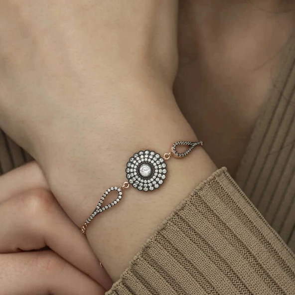 925 Ayar Gümüş Rose Elmas Montür Çiçek Bileklik - Resim 4