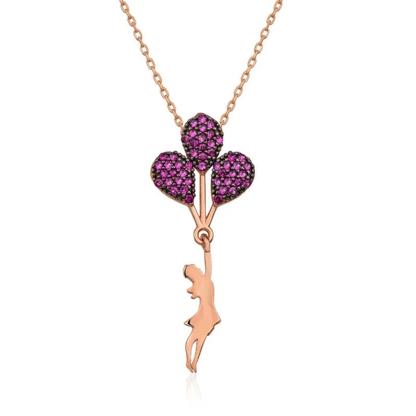 925 Ayar Gümüş Rose Kırmızı Balonlu Kız Kolye - Resim 2