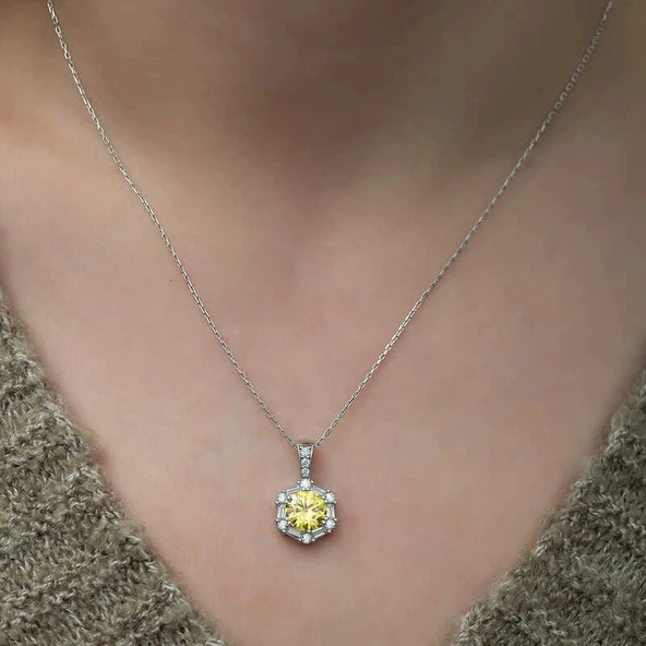 ​925 Ayar Gümüş Buğday Sarısı Baget Taşlı Kadın Gümüş Kolye - Resim 2