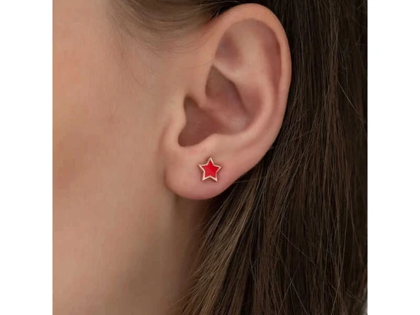 Gümüş Fosforlu Kırmızı Yıldız Küpe - Resim 2