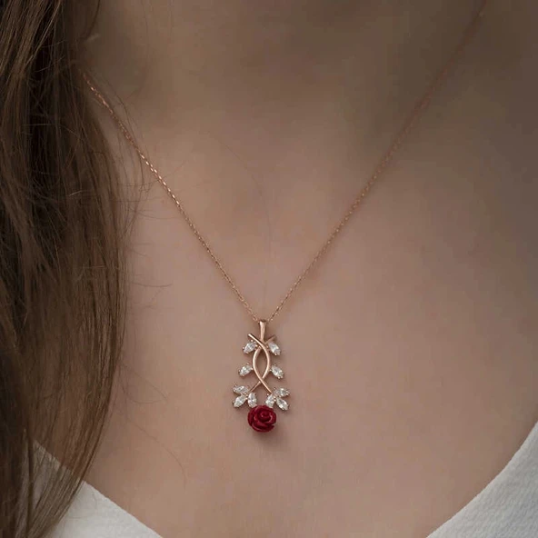 ​925 Ayar Gümüş Rose Kırmızı Gül Gümüş Kolye - Resim 2